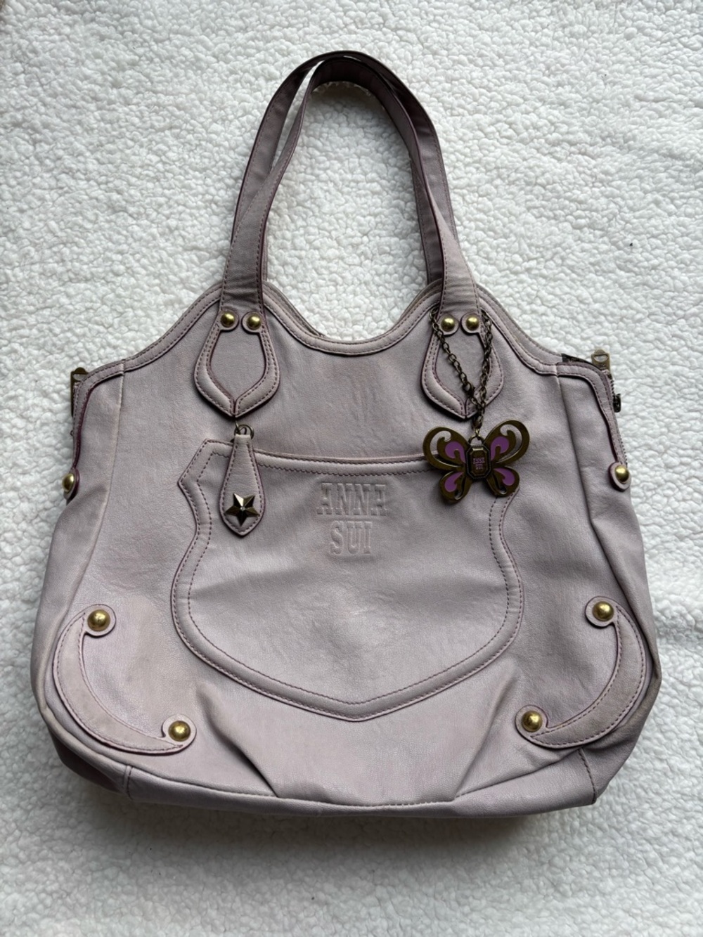 Anna Sui Vintage Y2K Pale Lavender Lilac Large Hobo Shoulder Bag Butterfly Charm
